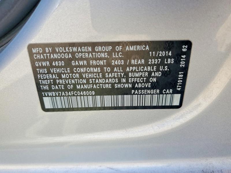2015 Volkswagen Passat მანქანა იყიდება აუქციონზე, vin: 1VWBV7A34FC046009, აუქციონის ნომერი: 47474126