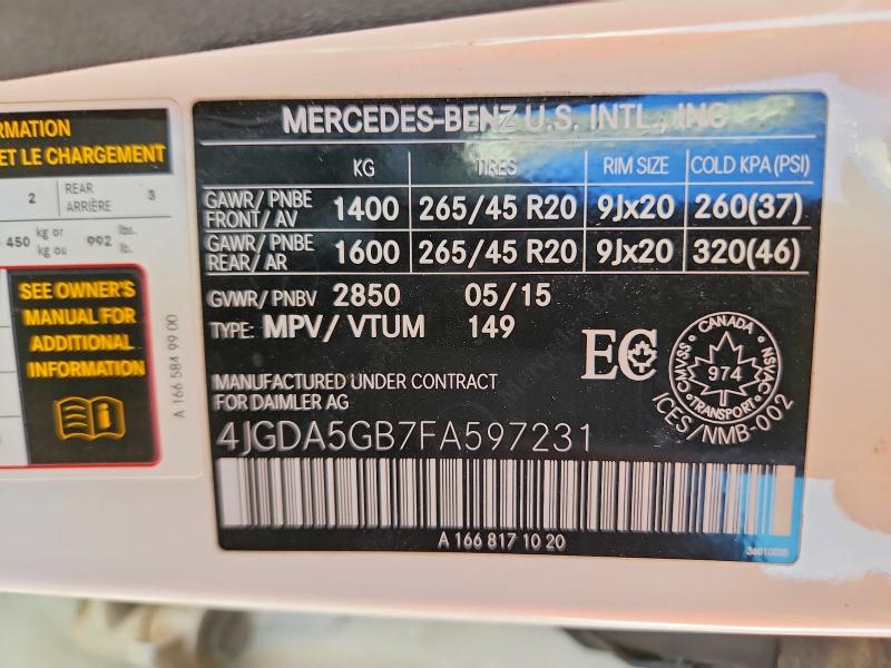 Aukcja sprzedaży 2015 Mercedes-benz Ml, vin: 4JGDA5GB7FA597231, numer aukcji: 41749516