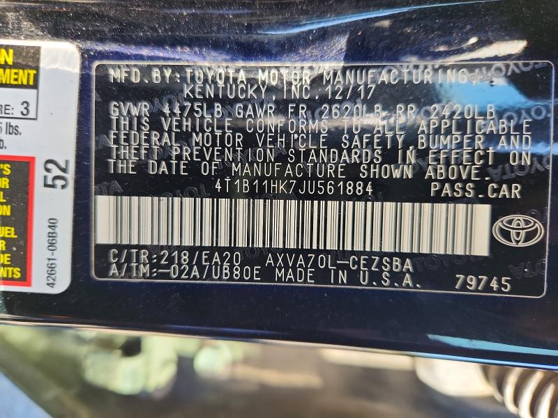 2018 Toyota Camry მანქანა იყიდება აუქციონზე, vin: 4T1B11HK7JU561884, აუქციონის ნომერი: 42074166