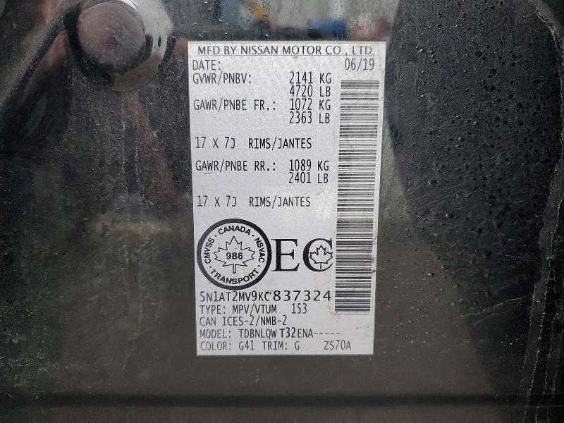 77314855 :رقم المزاد ، 5N1AT2MV9KC837324 vin ، 2019 Nissan Rogue مزاد بيع