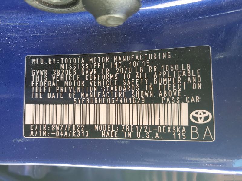 Auction sale of the 2016 Toyota Corolla, vin: 5YFBURHE0GP401629, lot number: 79778715