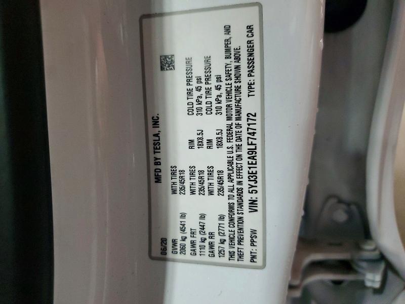 Aukcja sprzedaży 2020 Tesla Model 3, vin: 5YJ3E1EA9LF747172, numer aukcji: 47944246
