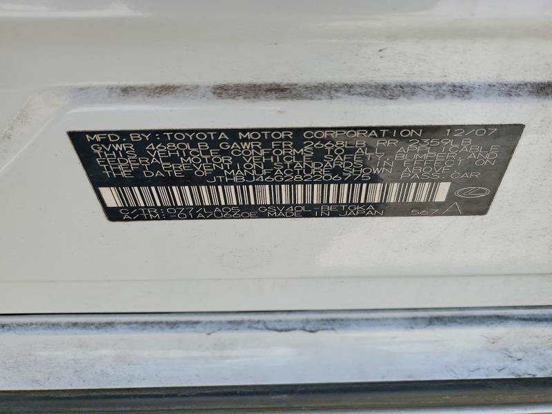 Aukcja sprzedaży 2008 Lexus Es 350, vin: JTHBJ46G282206775, numer aukcji: 47264376