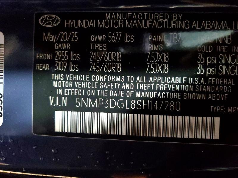 46331786 :رقم المزاد ، 5NMP3DGL8SH147280 vin ، 2025 Hyundai Santa Fe مزاد بيع