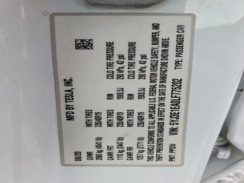 Продаж на аукціоні авто 2020 Tesla Model 3, vin: 5YJ3E1EA0LF775202, номер лоту: 41919386