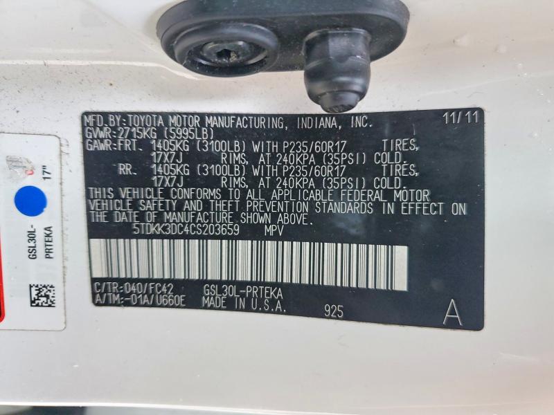 Продаж на аукціоні авто 2012 Toyota Sienna, vin: 5TDKK3DC4CS203659, номер лоту: 46668656