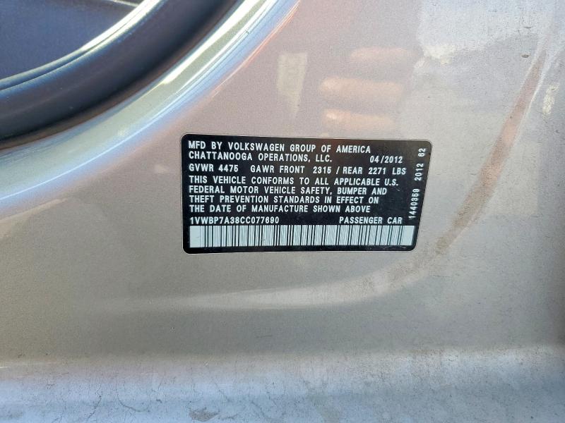 Aukcja sprzedaży 2012 Volkswagen Passat, vin: 1VWBP7A38CC077690, numer aukcji: 46567236