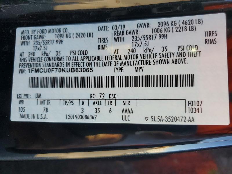 Aukcja sprzedaży 2019 Ford Escape, vin: 1FMCU0F70KUB63065, numer aukcji: 79571205