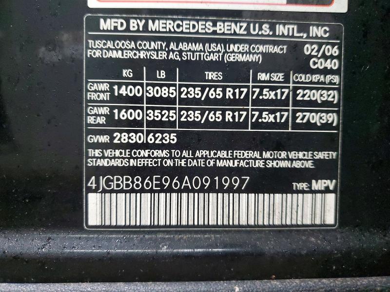 2006 Mercedes-benz Ml მანქანა იყიდება აუქციონზე, vin: 4JGBB86E96A091997, აუქციონის ნომერი: 79795075