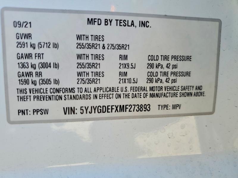 2021 Tesla Model Y მანქანა იყიდება აუქციონზე, vin: 5YJYGDEFXMF273893, აუქციონის ნომერი: 46171996