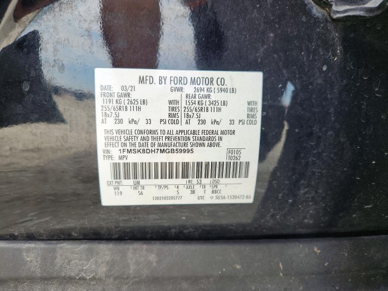Aukcja sprzedaży 2021 Ford Explorer, vin: 1FMSK8DH7MGB59995, numer aukcji: 46923456