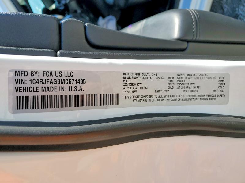 47141666 :رقم المزاد ، 1C4RJFAG9MC671495 vin ، 2021 Jeep Grand Cherokee مزاد بيع