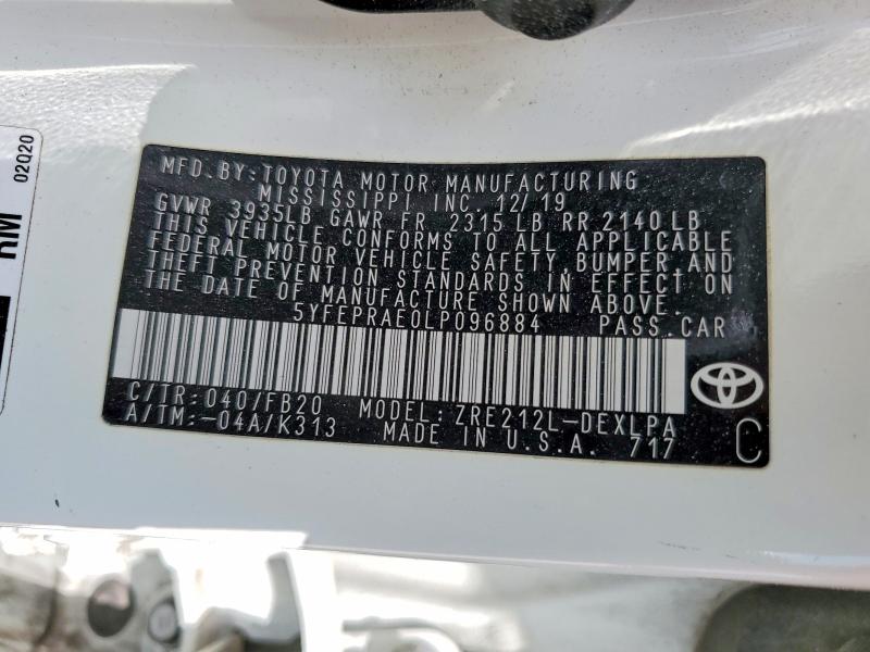 Продажа на аукционе авто 2020 Toyota Corolla, vin: 5YFEPRAE0LP096884, номер лота: 47024686