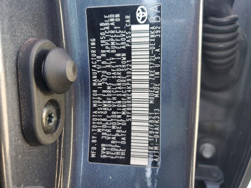 2019 Toyota Corolla მანქანა იყიდება აუქციონზე, vin: 5YFBURHE4KP919221, აუქციონის ნომერი: 46908946