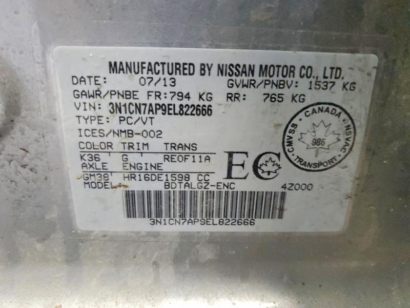 Aukcja sprzedaży 2014 Nissan Versa, vin: 3N1CN7AP9EL822666, numer aukcji: 78874105