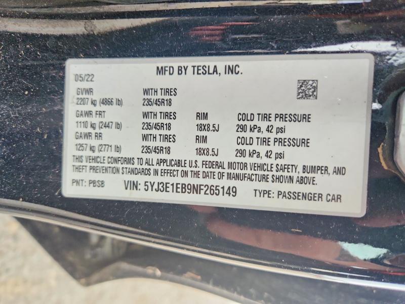 Aukcja sprzedaży 2022 Tesla Model 3, vin: 5YJ3E1EB9NF265149, numer aukcji: 41830476