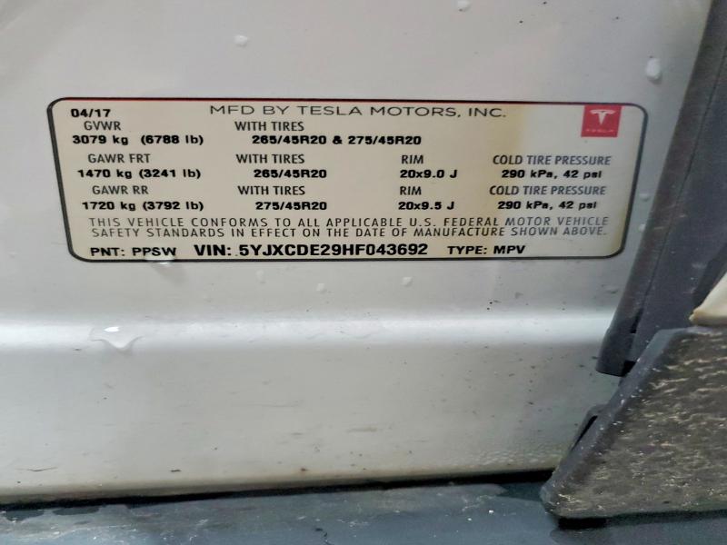 77919785 :رقم المزاد ، 5YJXCDE29HF043692 vin ، 2017 Tesla Model X مزاد بيع