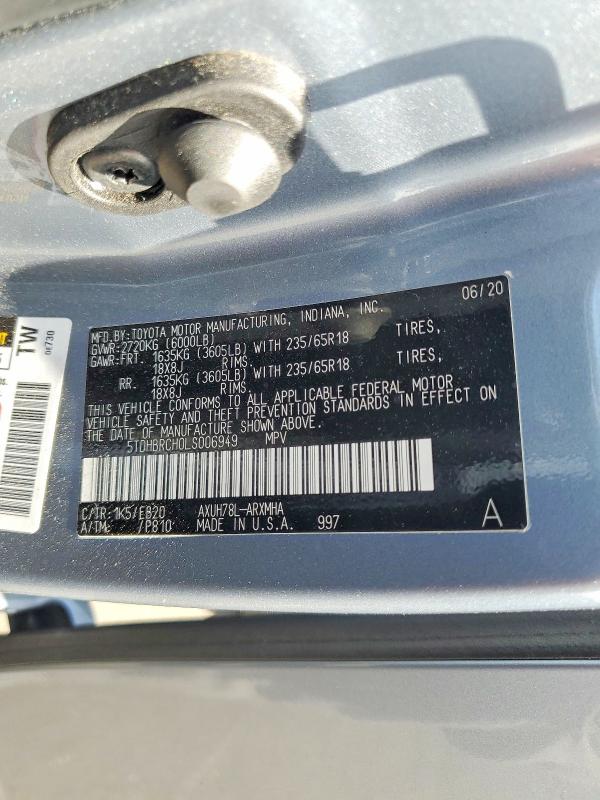 47776286 :رقم المزاد ، 5TDHBRCH0LS006949 vin ، 2020 Toyota Highlander Hybrid مزاد بيع