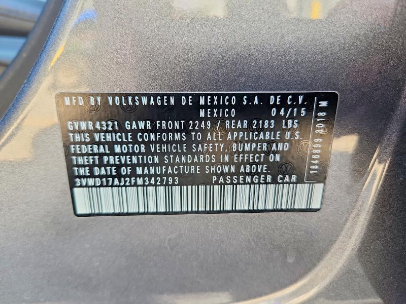 45585216 :رقم المزاد ، 3VWD17AJ2FM342793 vin ، 2015 Volkswagen Jetta مزاد بيع