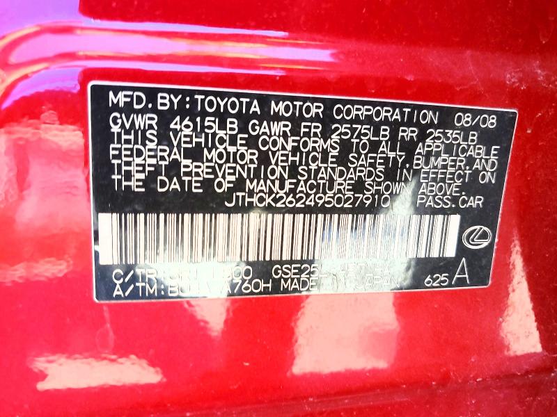 Auction sale of the 2009 Lexus Is 250, vin: JTHCK262495027910, lot number: 79830765