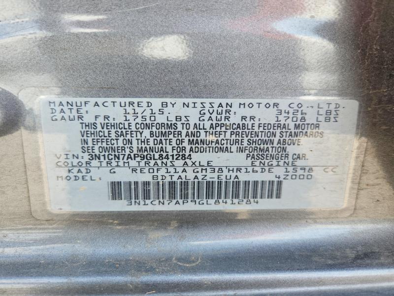 2016 Nissan Versa მანქანა იყიდება აუქციონზე, vin: 3N1CN7AP9GL841284, აუქციონის ნომერი: 79647405