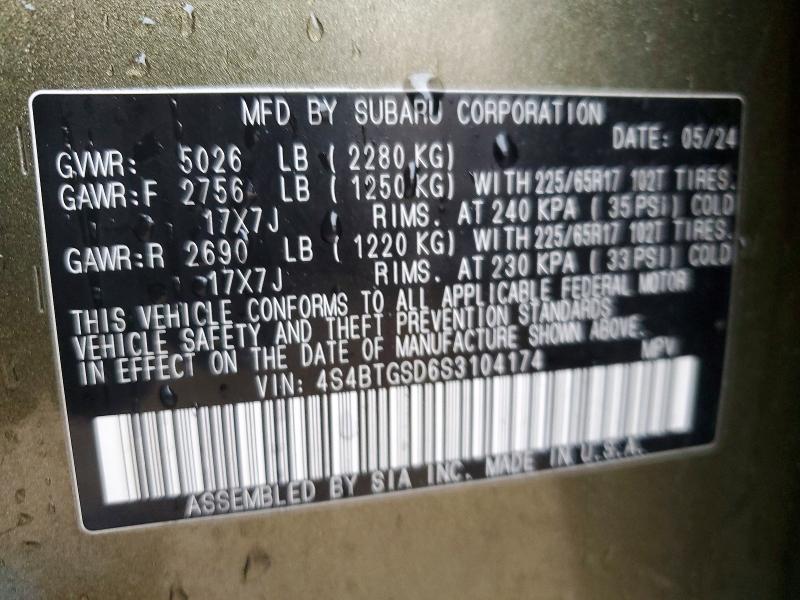 Aukcja sprzedaży 2025 Subaru Outback, vin: 4S4BTGSD6S3104174, numer aukcji: 79793115