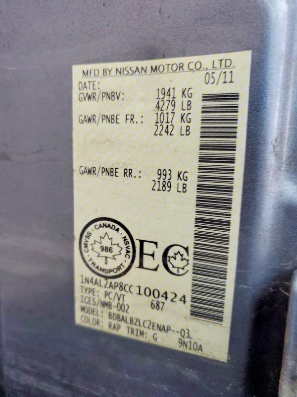 Продажа на аукционе авто 2012 Nissan Altima, vin: 1N4AL2AP8CC100424, номер лота: 47085156