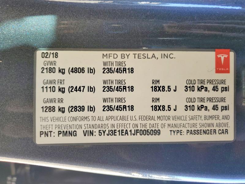 Продажа на аукционе авто 2018 Tesla Model 3, vin: 5YJ3E1EA1JF005099, номер лота: 45625476