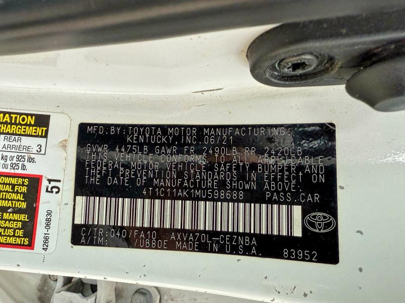 Продаж на аукціоні авто 2021 Toyota Camry, vin: 4T1C11AK1MU598688, номер лоту: 46439446