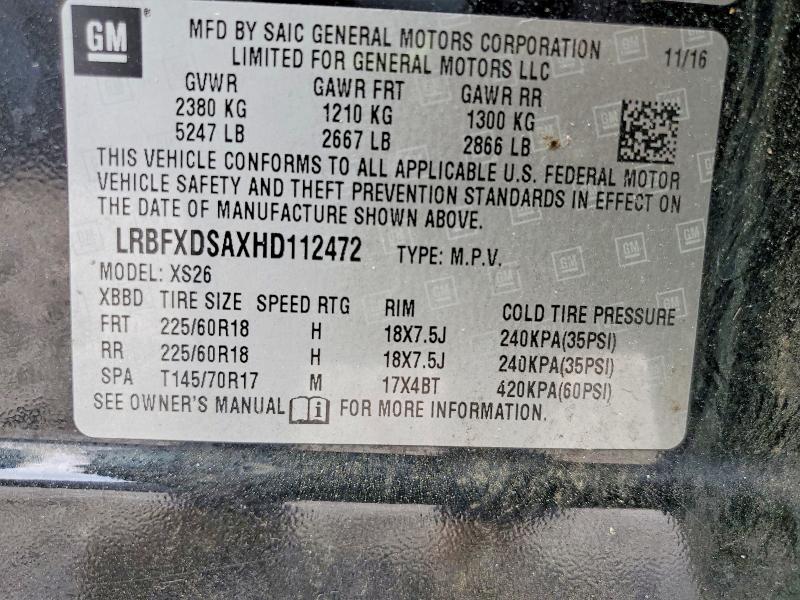 2017 Buick Envision მანქანა იყიდება აუქციონზე, vin: LRBFXDSAXHD112472, აუქციონის ნომერი: 46943296