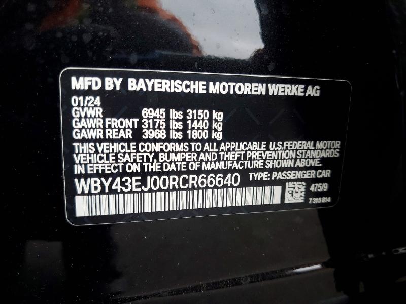 2024 Bmw I7 მანქანა იყიდება აუქციონზე, vin: WBY43EJ00RCR66640, აუქციონის ნომერი: 47904556
