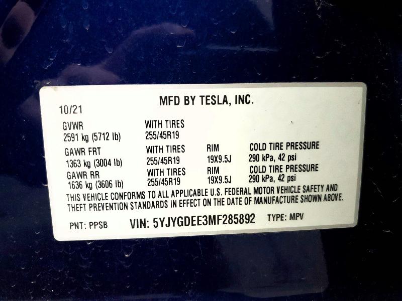 Продаж на аукціоні авто 2021 Tesla Model Y, vin: 5YJYGDEE3MF285892, номер лоту: 46432566