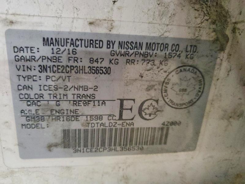 79636205 :رقم المزاد ، 3N1CE2CP3HL356530 vin ، 2017 Nissan Versa Note مزاد بيع