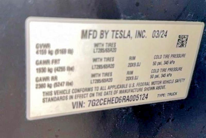 Aukcja sprzedaży 2024 Tesla Cybertruck, vin: 7G2CEHED6RA005124, numer aukcji: 48200356