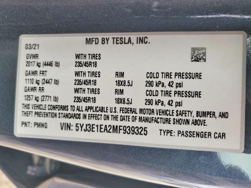 Продаж на аукціоні авто 2021 Tesla Model 3, vin: 5YJ3E1EA2MF939325, номер лоту: 47997936