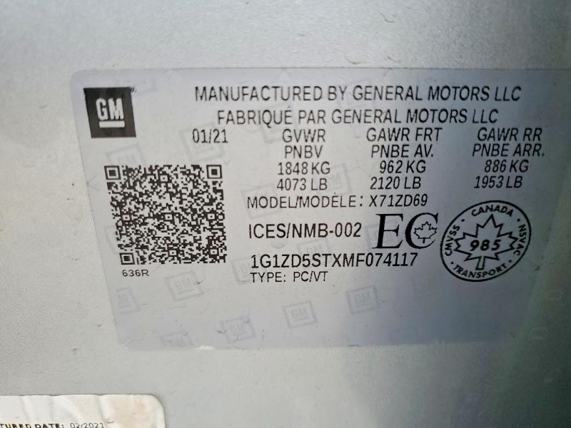 46512246 :رقم المزاد ، 1G1ZD5STXMF074117 vin ، 2021 Chevrolet Malibu مزاد بيع
