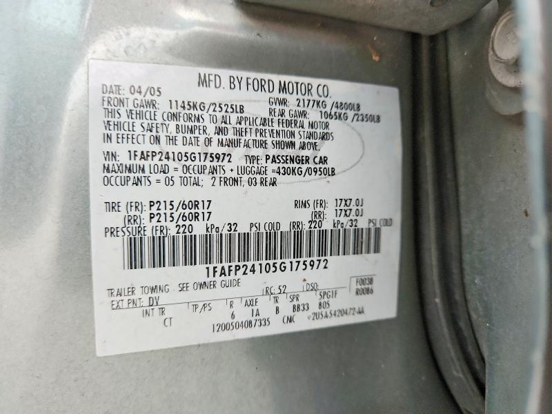 2005 Ford Five Hundred მანქანა იყიდება აუქციონზე, vin: 1FAFP24105G175972, აუქციონის ნომერი: 79575025
