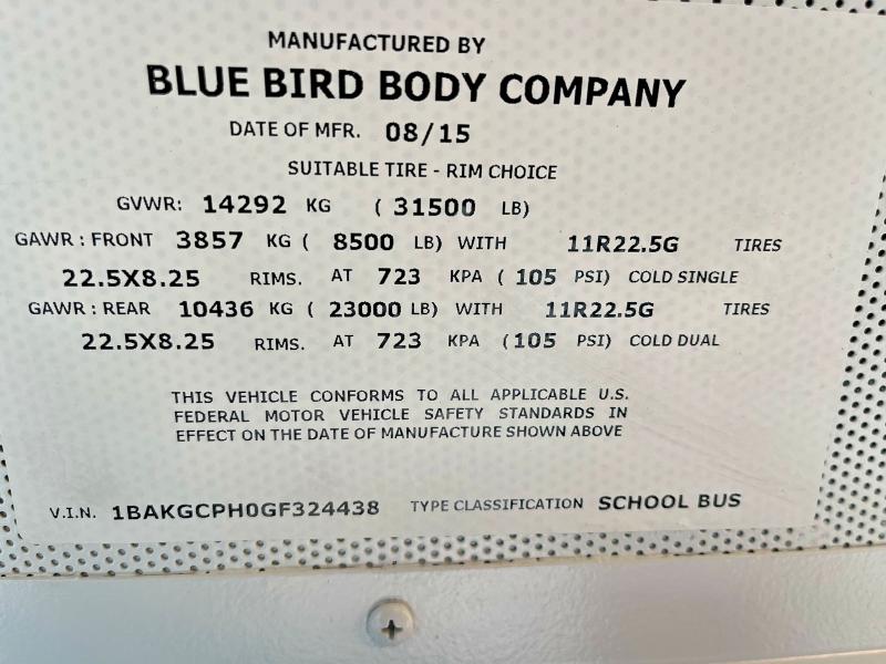 47833746 :رقم المزاد ، 1BAKGCPH0GF324438 vin ، 2016 Blue Bird School Bus / Transit Bus مزاد بيع