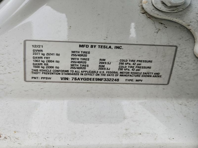 2022 Tesla Model Y მანქანა იყიდება აუქციონზე, vin: 7SAYGDEE9NF332248, აუქციონის ნომერი: 47687246