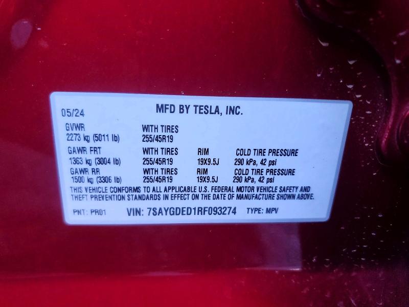 2024 Tesla Model Y მანქანა იყიდება აუქციონზე, vin: 7SAYGDED1RF093274, აუქციონის ნომერი: 79999985
