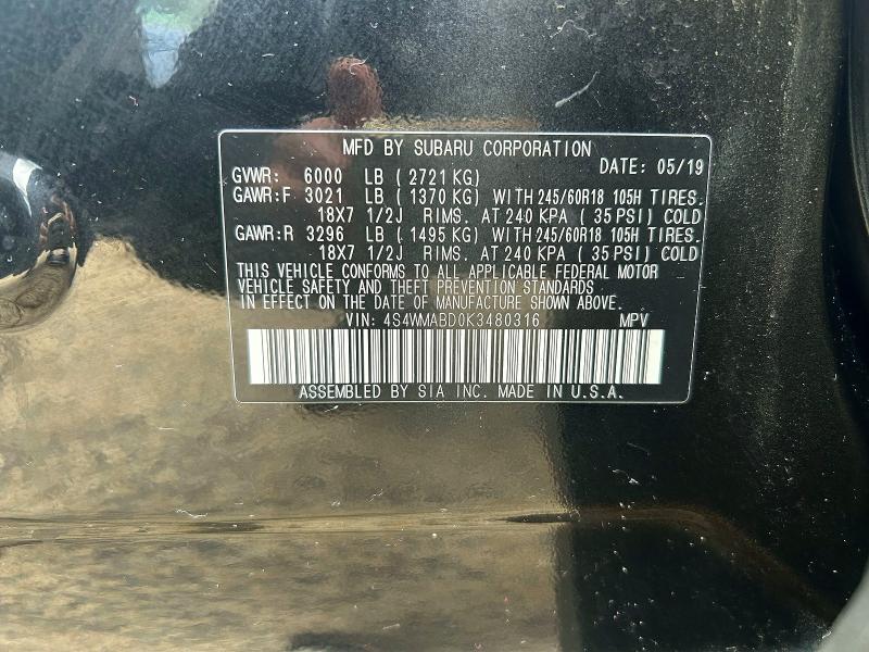 Aukcja sprzedaży 2019 Subaru Ascent, vin: 4S4WMABD0K3480316, numer aukcji: 45538606