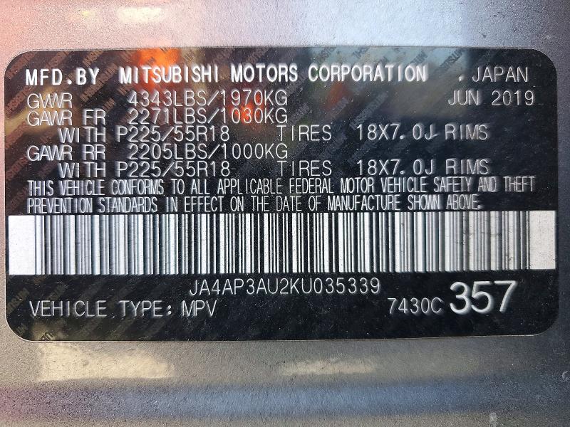 Продаж на аукціоні авто 2019 Mitsubishi Outlander Sport, vin: JA4AP3AU2KU035339, номер лоту: 79646945