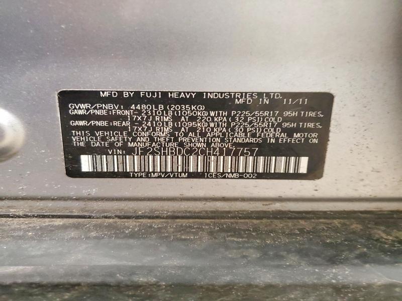 41830256 :رقم المزاد ، JF2SHBDC2CH417757 vin ، 2012 Subaru Forester مزاد بيع