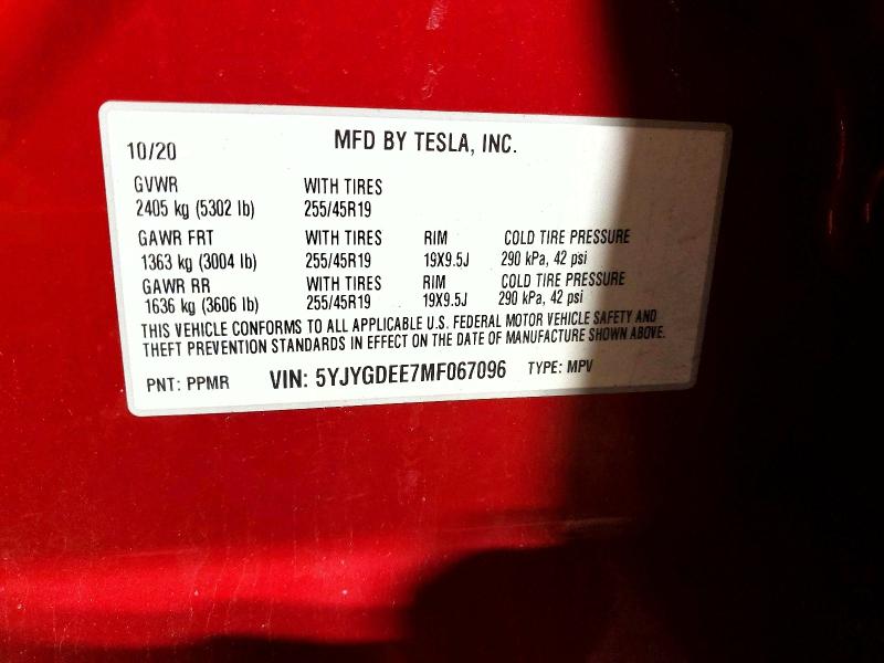 46466796 :رقم المزاد ، 5YJYGDEE7MF067096 vin ، 2021 Tesla Model Y مزاد بيع