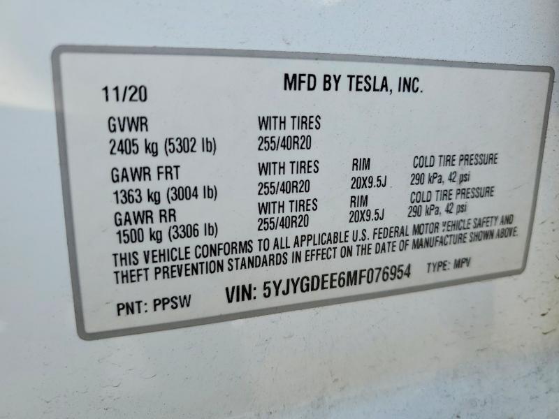 Aukcja sprzedaży 2021 Tesla Model Y, vin: 5YJYGDEE6MF076954, numer aukcji: 46240806