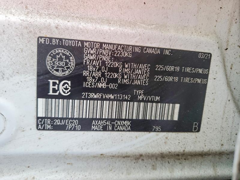 77824545 :رقم المزاد ، 2T3RWRFV4MW113142 vin ، 2021 Toyota Rav4 Hybrid مزاد بيع
