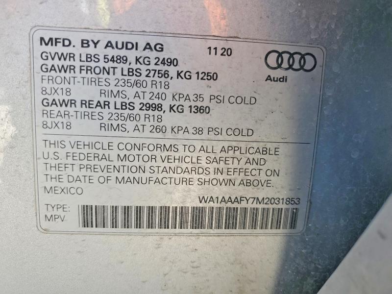 2021 Audi Q5 მანქანა იყიდება აუქციონზე, vin: WA1AAAFY7M2031853, აუქციონის ნომერი: 46383636