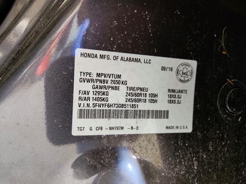 Продаж на аукціоні авто 2016 Honda Pilot, vin: 5FNYF6H73GB511851, номер лоту: 78122705