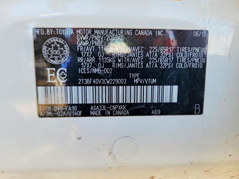 Продаж на аукціоні авто 2012 Toyota Rav4, vin: 2T3BF4DV3CW229003, номер лоту: 46629006