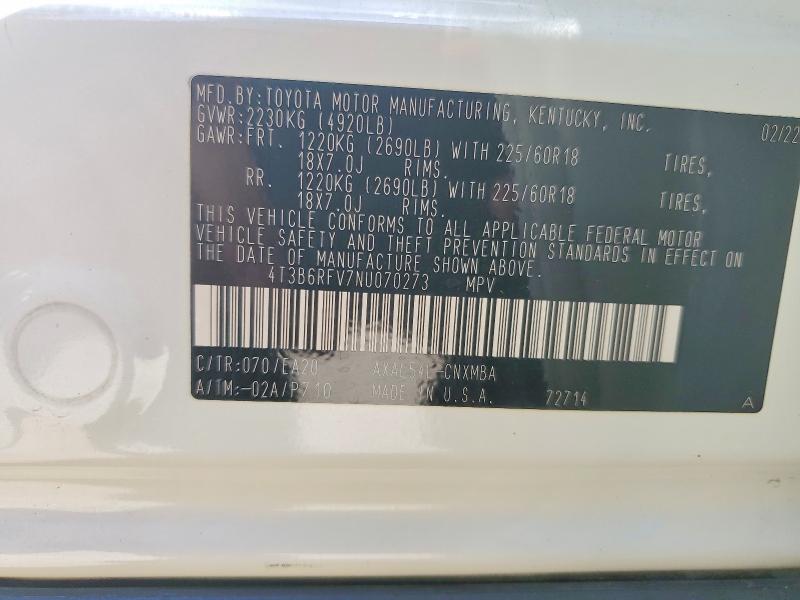 2022 Toyota Rav4 მანქანა იყიდება აუქციონზე, vin: 4T3B6RFV7NU070273, აუქციონის ნომერი: 45479646